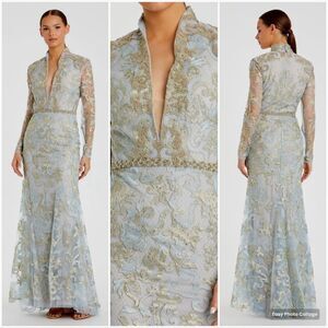 Mac Duggal 11165 Womens Blue Long Sleeve Applique V-Neck Gown